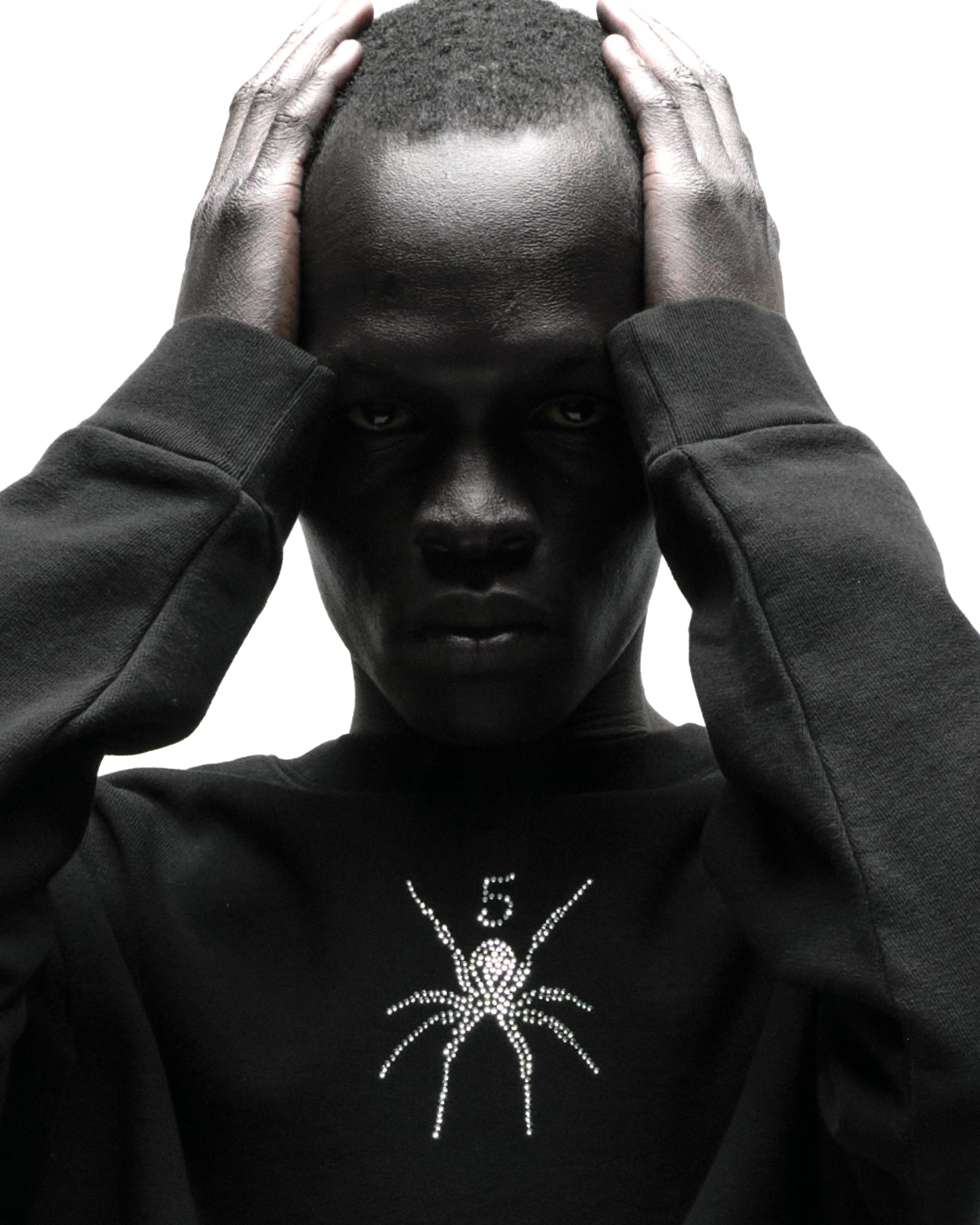 Black 100% cotton RHINESTONE TM CREWNECK with rhinestone spider graphic, worn by a person.