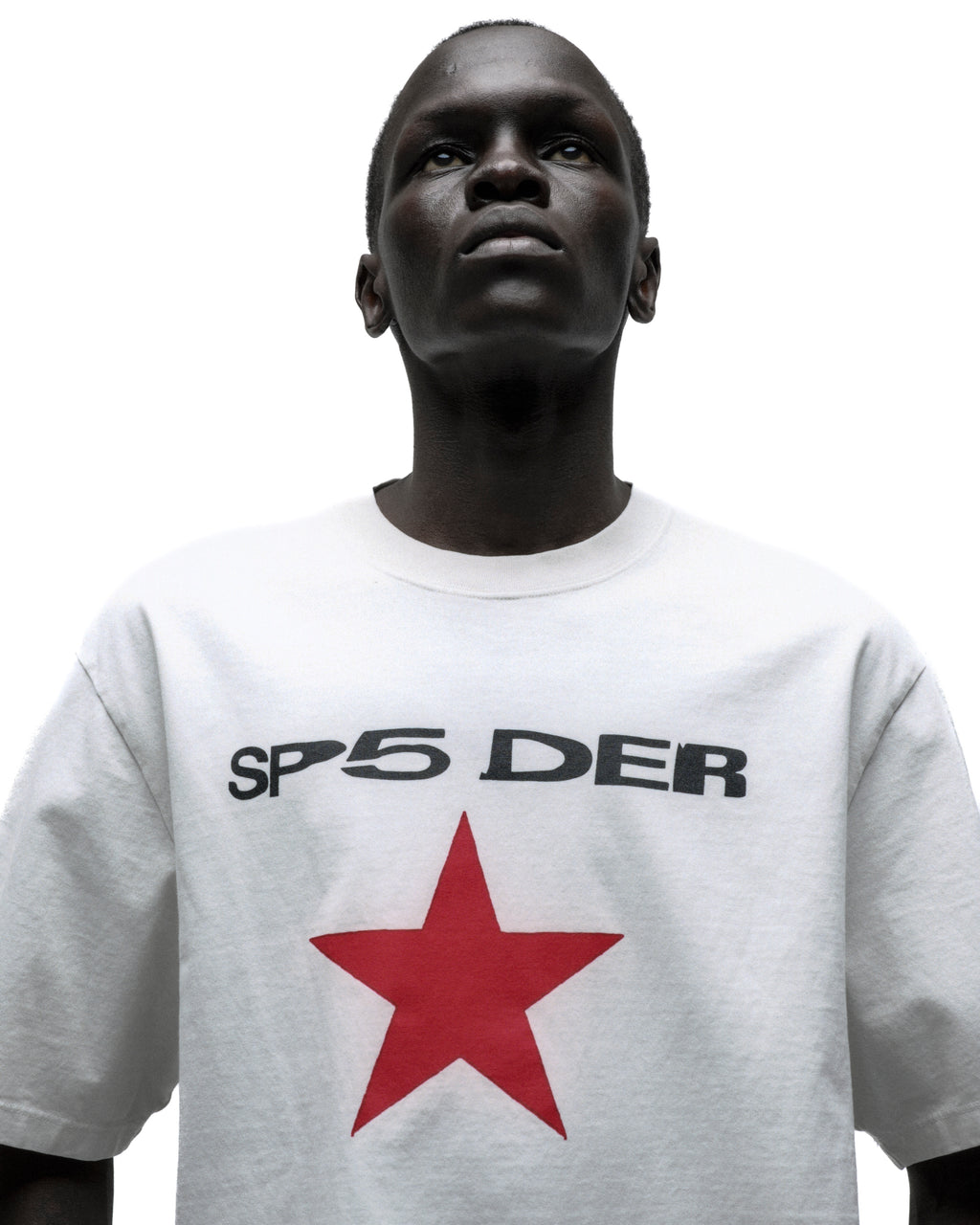 White 100% cotton lightweight tee with "SP5DER" text and a red star graphic print on front.
