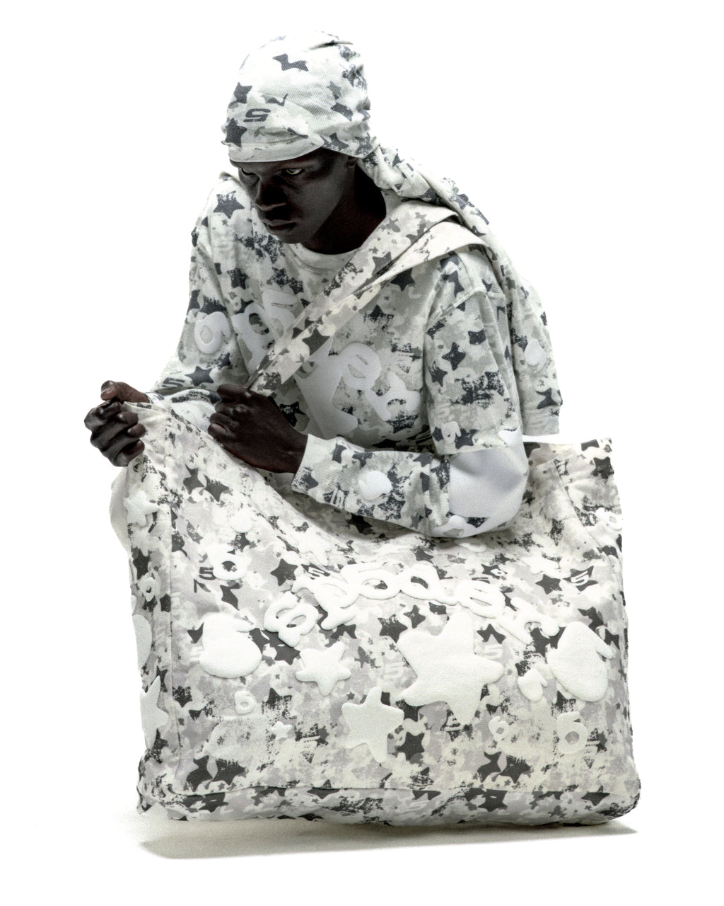 Star Camo Beluga AOP Tote in 8oz brushed twill with all-over star camo print and beluga graphic.