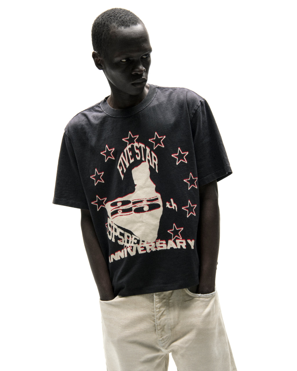 Dark grey cotton ANNIVERSARY TEE with "FIVE STAR" graphic, stars, and "ANNIVERSARY" text.