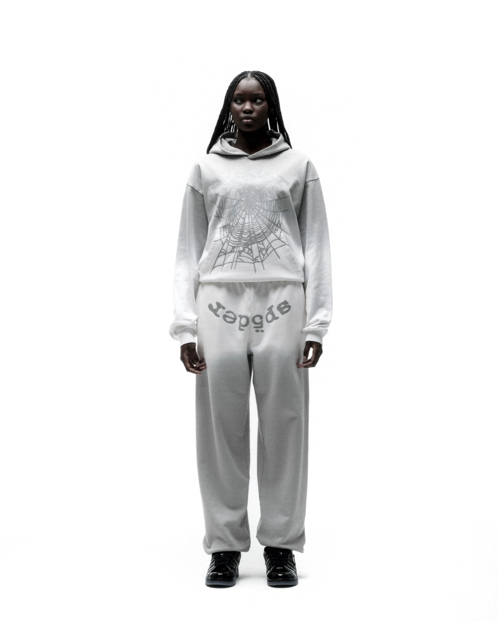 OG WEB OMBRE SWEATPANT: Light grey 100% cotton fleece sweatpants with "SP5DER" text at crotch.