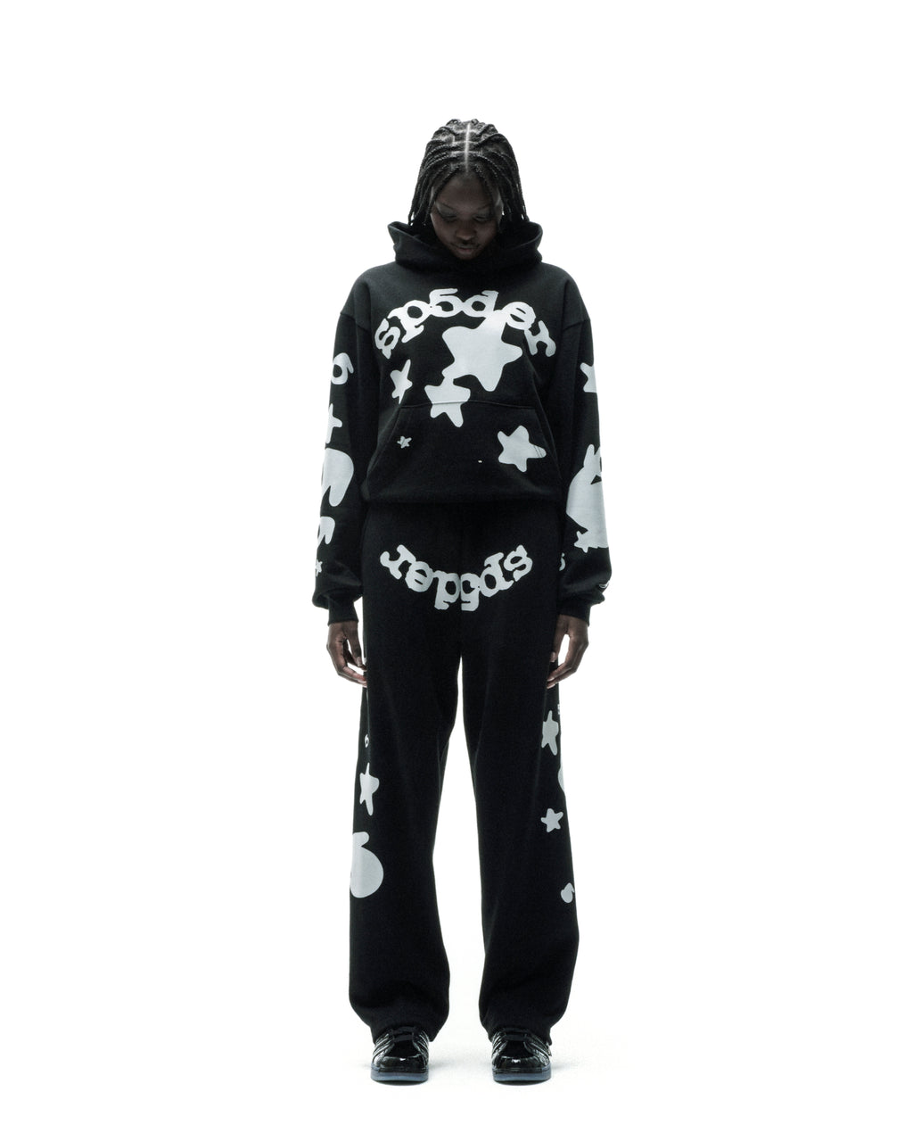 Black cotton fleece sweatpant with reflective white stars and "SP5DER" text.