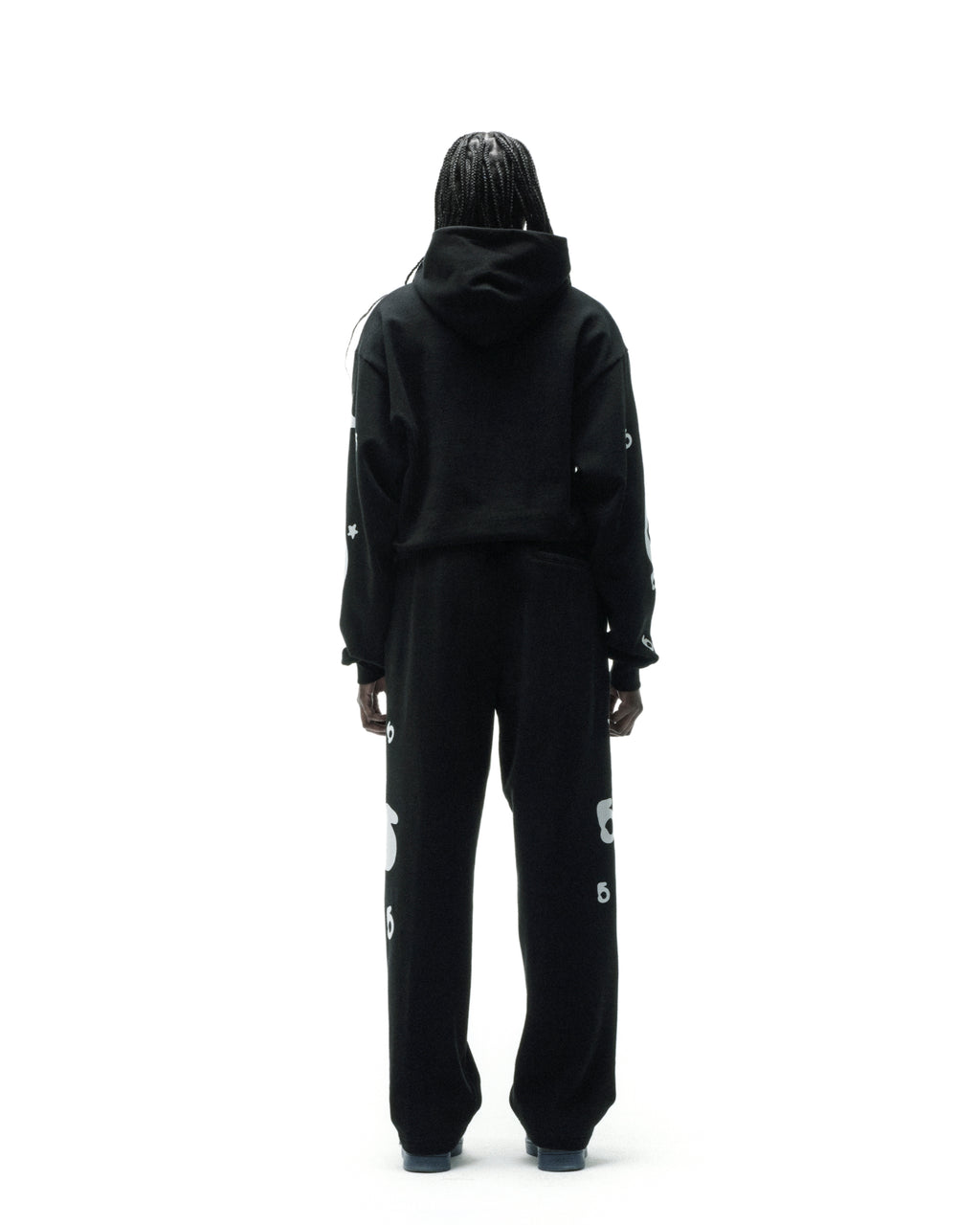Black REFLECTIVE BELUGA HOODIE and sweatpants set, 100% cotton, with white 'SP5DER' and star prints.