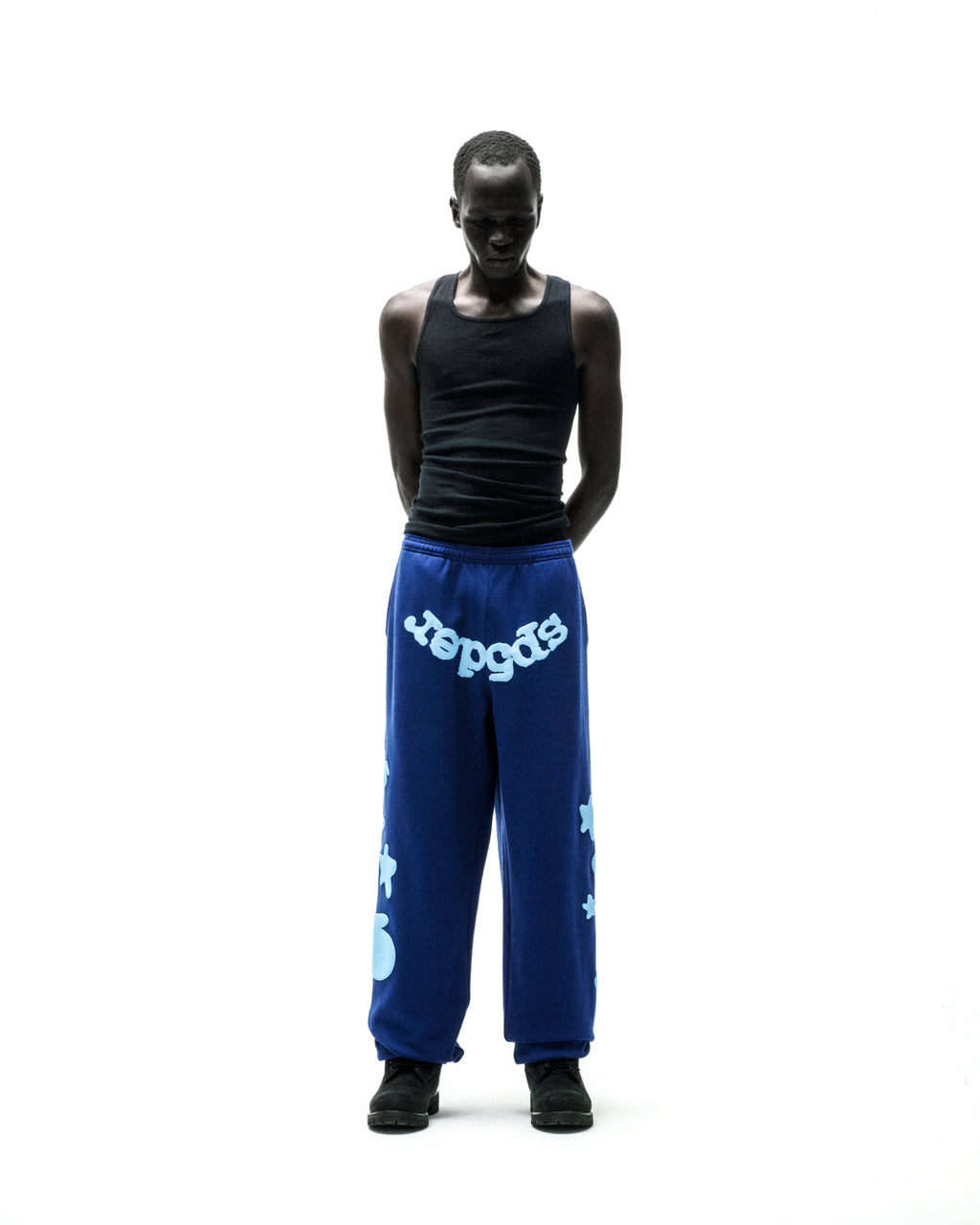 BELUGA V2 SWEATPANT: Blue 100% cotton fleece sweatpants with "SP5DER" crotch text, "5" and star prints.
