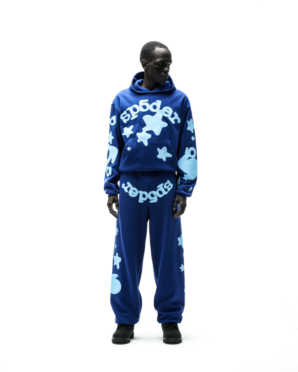 Beluga Hoodie and sweatpants set in blue 13oz cotton fleece with light blue 'SP5DER' and star puff prints.