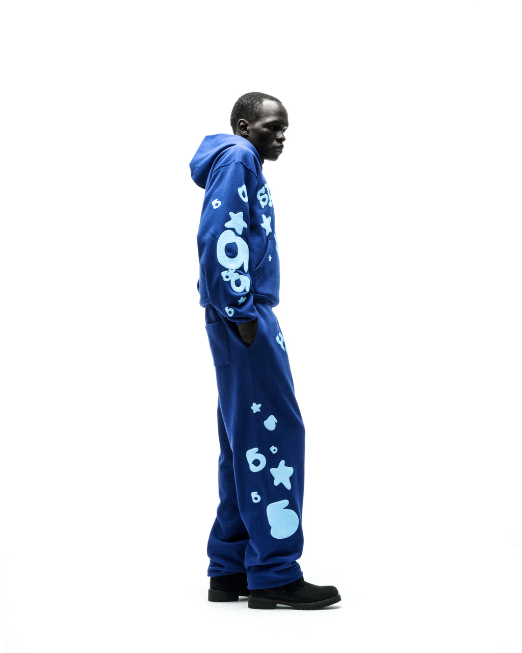 BELUGA HOODIE and sweatpants set in blue 13oz cotton fleece with light blue 'SP5DER' and star puff prints.