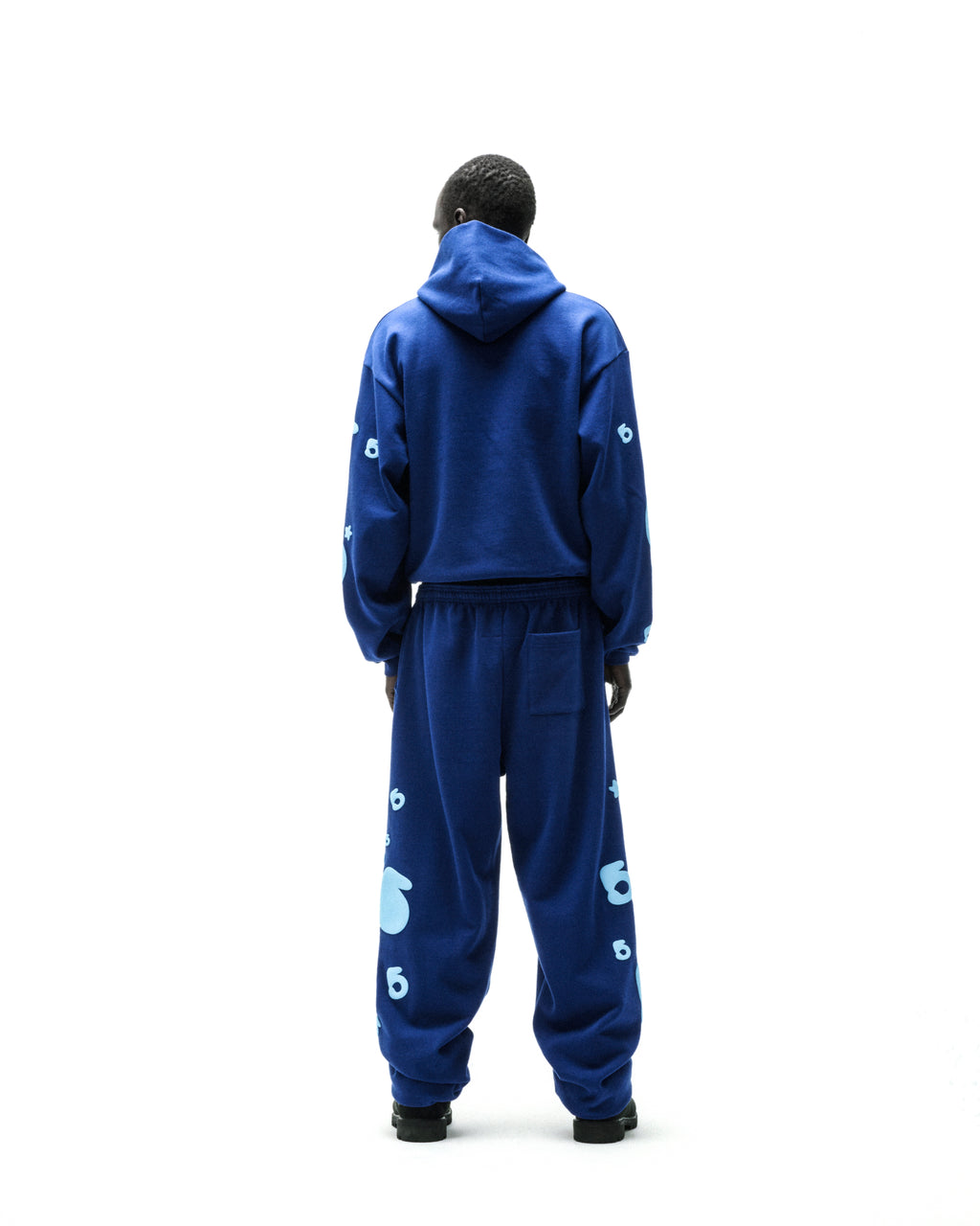 BELUGA HOODIE and sweatpants in royal blue 100% cotton fleece with light blue puff print "6" designs.