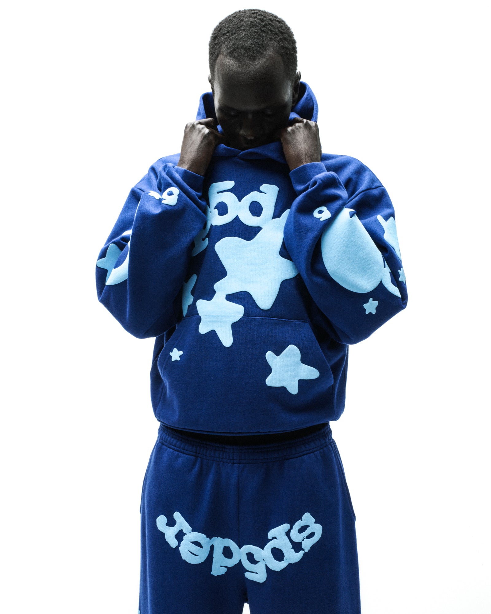 Beluga Hoodie, blue 13oz cotton fleece with light blue 'SP5DER' and star puff prints.
