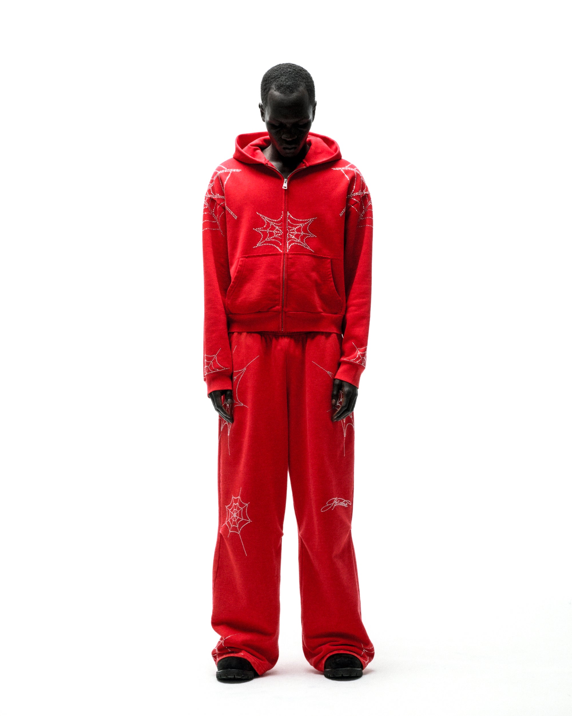 RED RHINESTONE WEB ZIP HOODIE | SP5DER | KING SPIDER