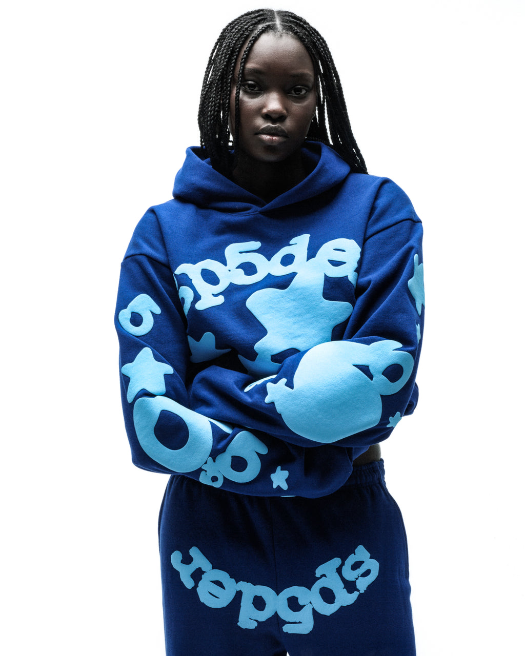Beluga Hoodie: Blue 13oz cotton fleece with light blue 'SP5DER' and star puff prints.