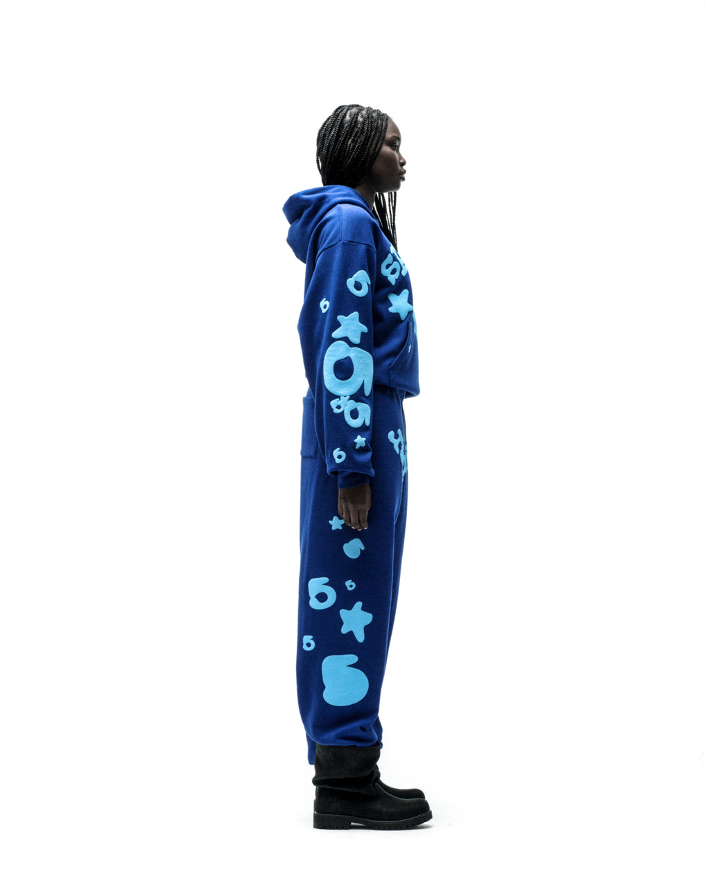 Beluga Hoodie and sweatpants set in royal blue with light blue 'SP5DER' and star puff prints.