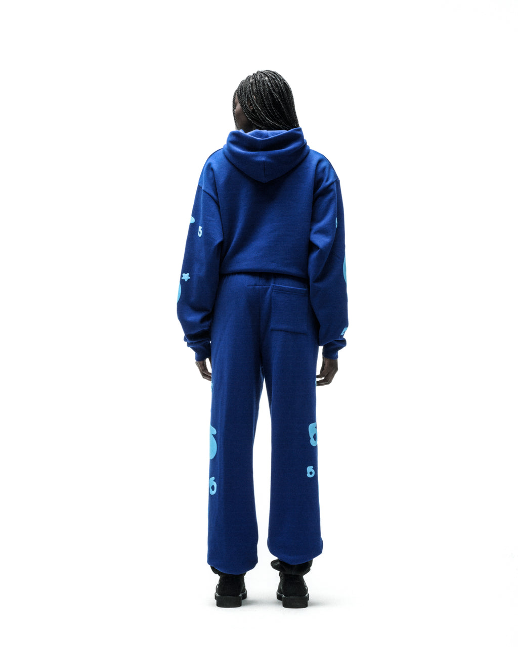 BELUGA HOODIE and sweatpants set in blue 13oz cotton fleece with light blue 'SP5DER' and star puff prints.