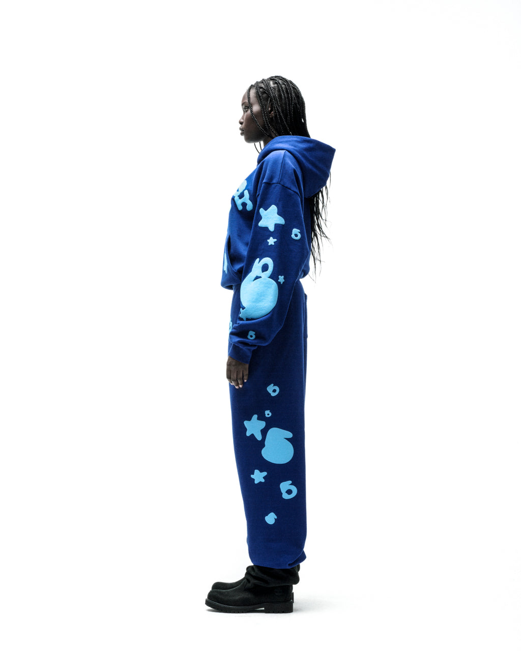 Blue BELUGA HOODIE and sweatpants set with light blue 'SP5DER' and star puff prints.