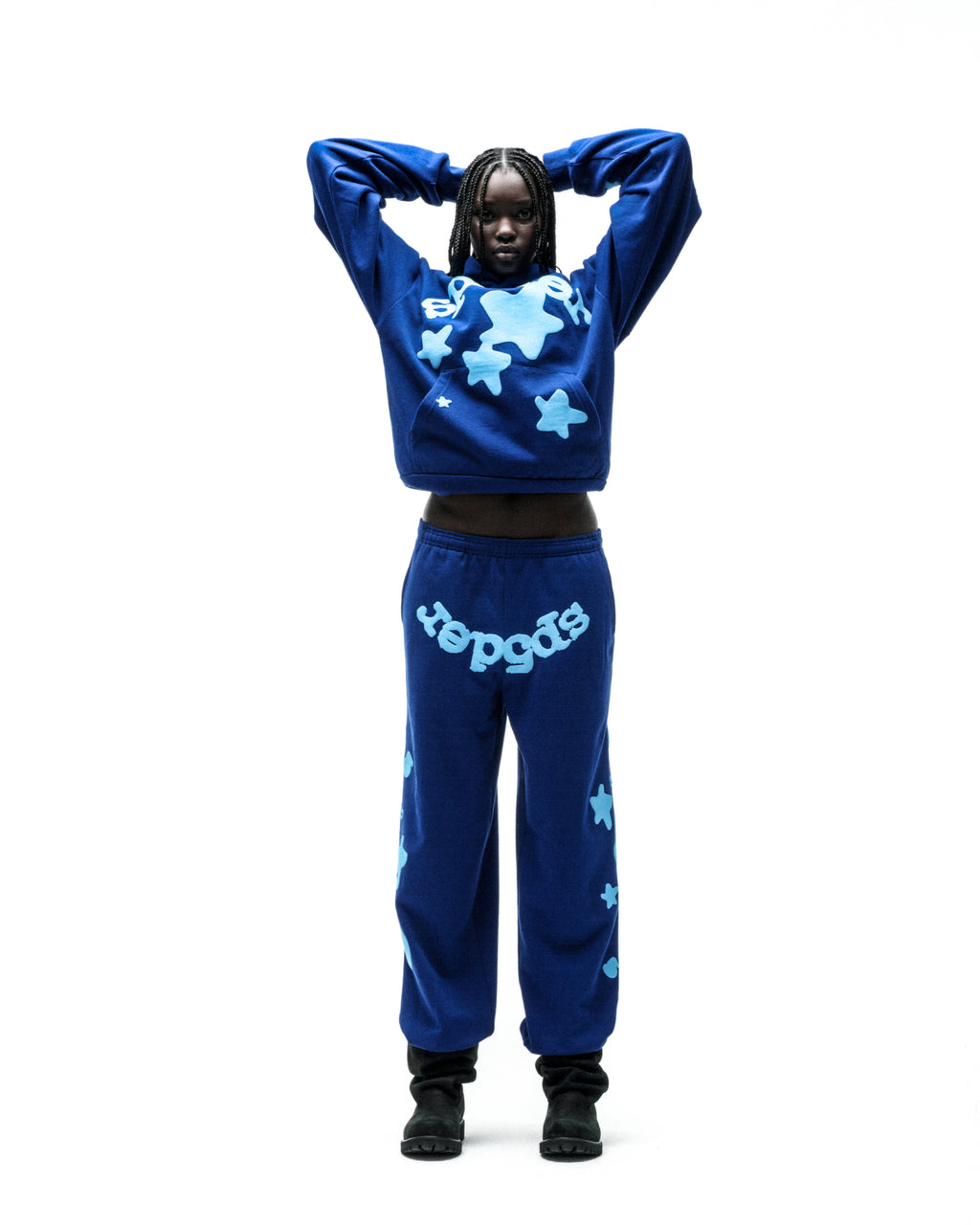 Beluga Hoodie and sweatpants set in blue 100% cotton fleece with light blue puff print 'SP5DER' and star designs.