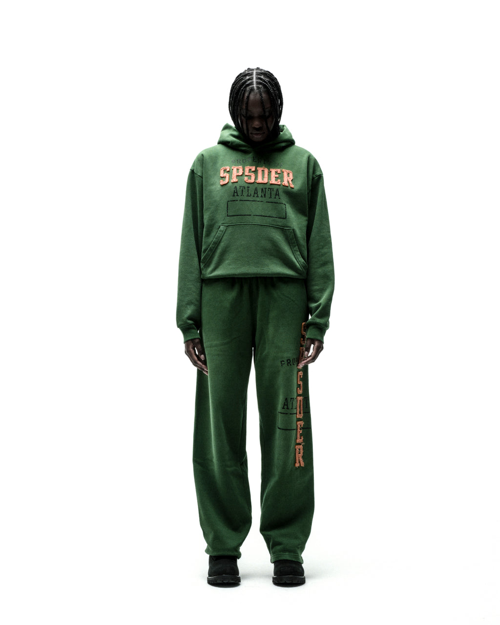 Green cotton fleece hoodie and sweatpants with raised "SPSDER ATLANTA" lettering and faded graphic print.