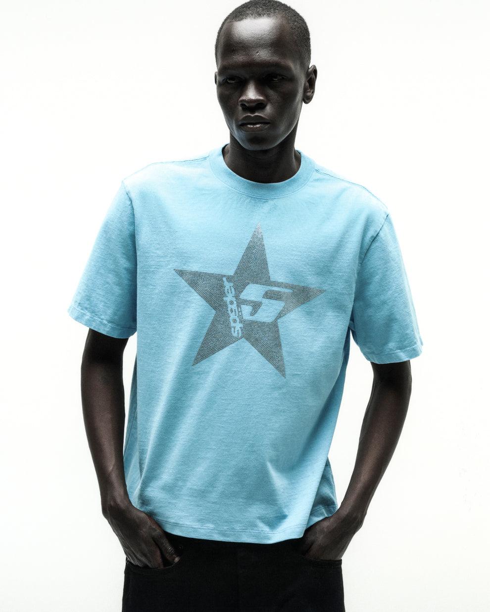 Light blue cotton tee with a large dark gray rhinestone star design.