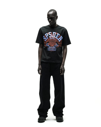 Black cotton Champions League tee with a vibrant eagle graphic and "SP5DER" text.
