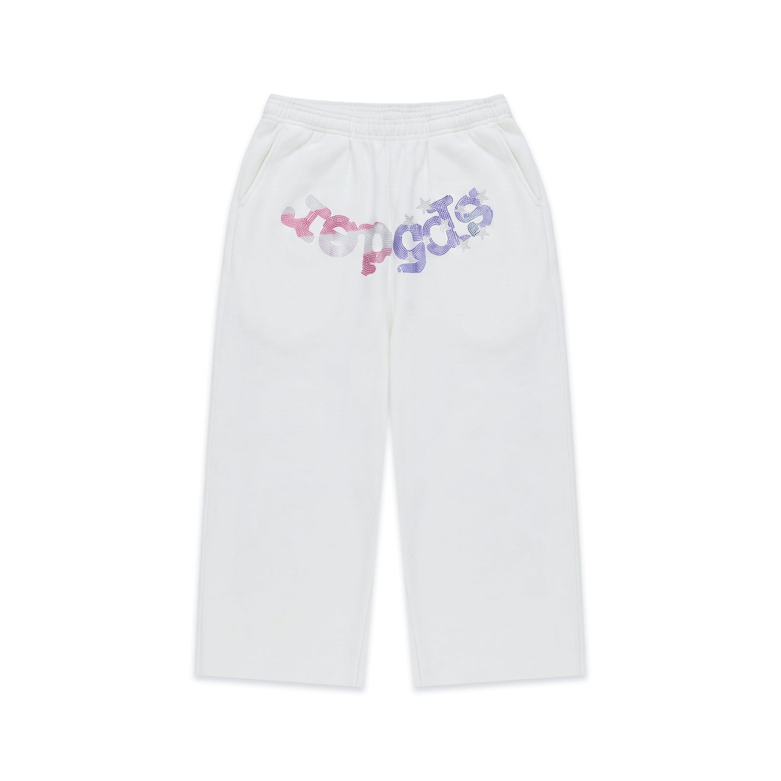 White cotton sweatshorts with flag-inspired rhinestone OG logo graphic.