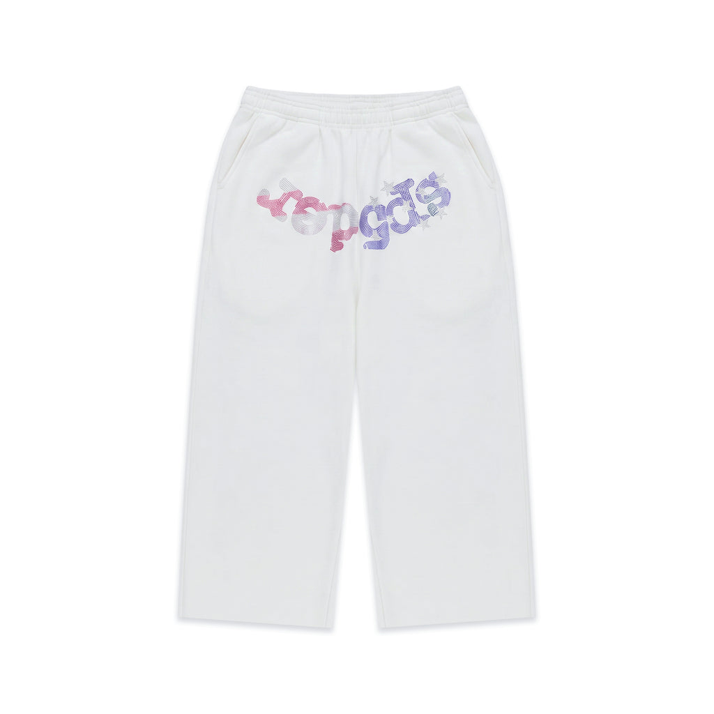 White cotton sweatshorts with flag-inspired rhinestone OG logo graphic.