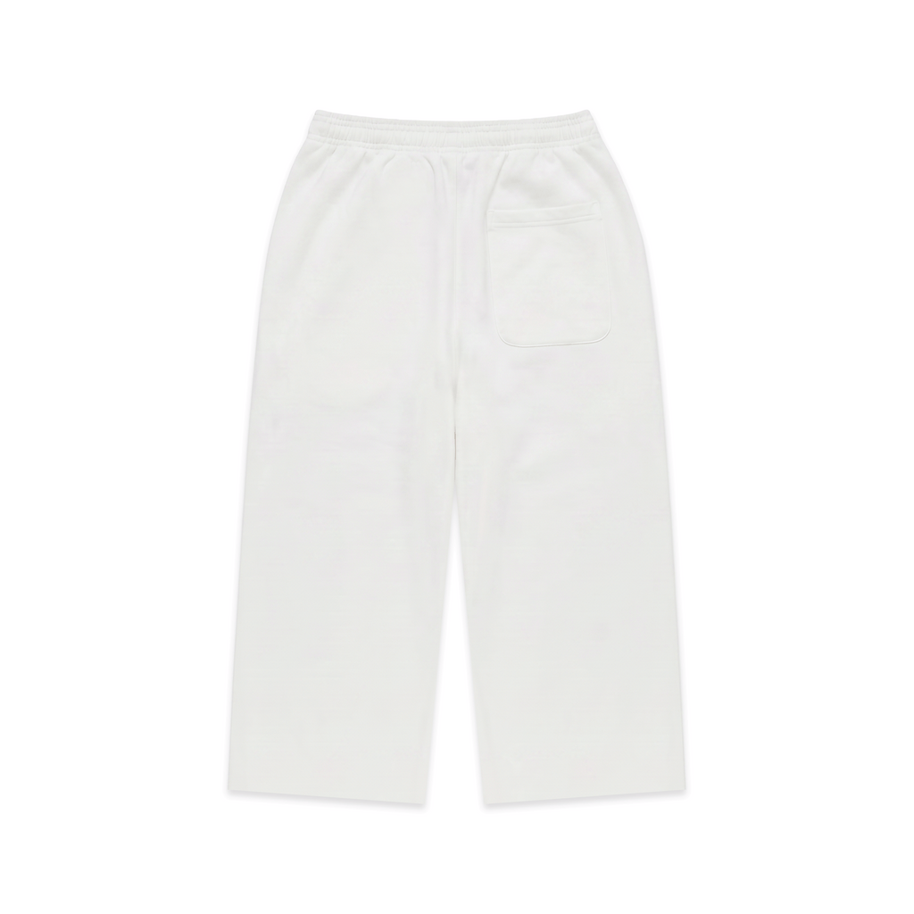 White cotton sweatshorts with flag-inspired rhinestone OG logo graphic.
