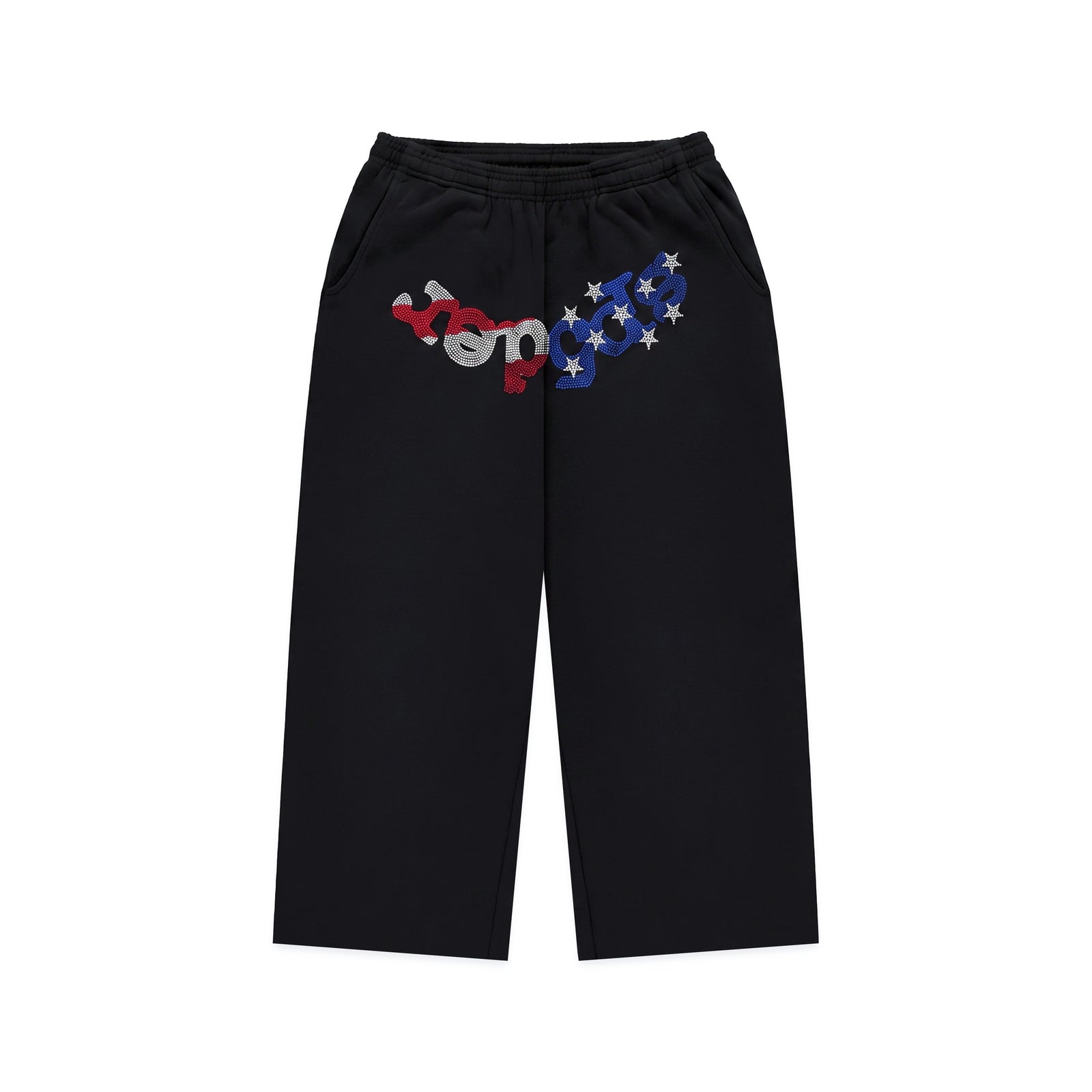 Black cotton fleece sweatshorts with a flag-inspired rhinestone OG logo graphic.