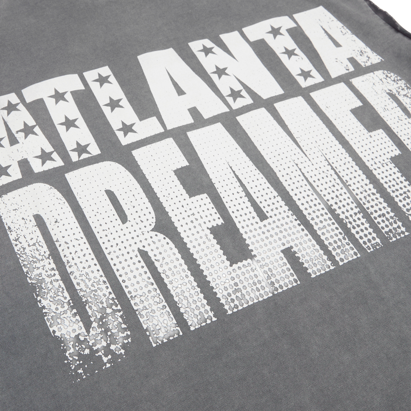 Gray vintage wash cotton tank with "ATLANTA DREAMER" graphic print and raw-cut armholes.