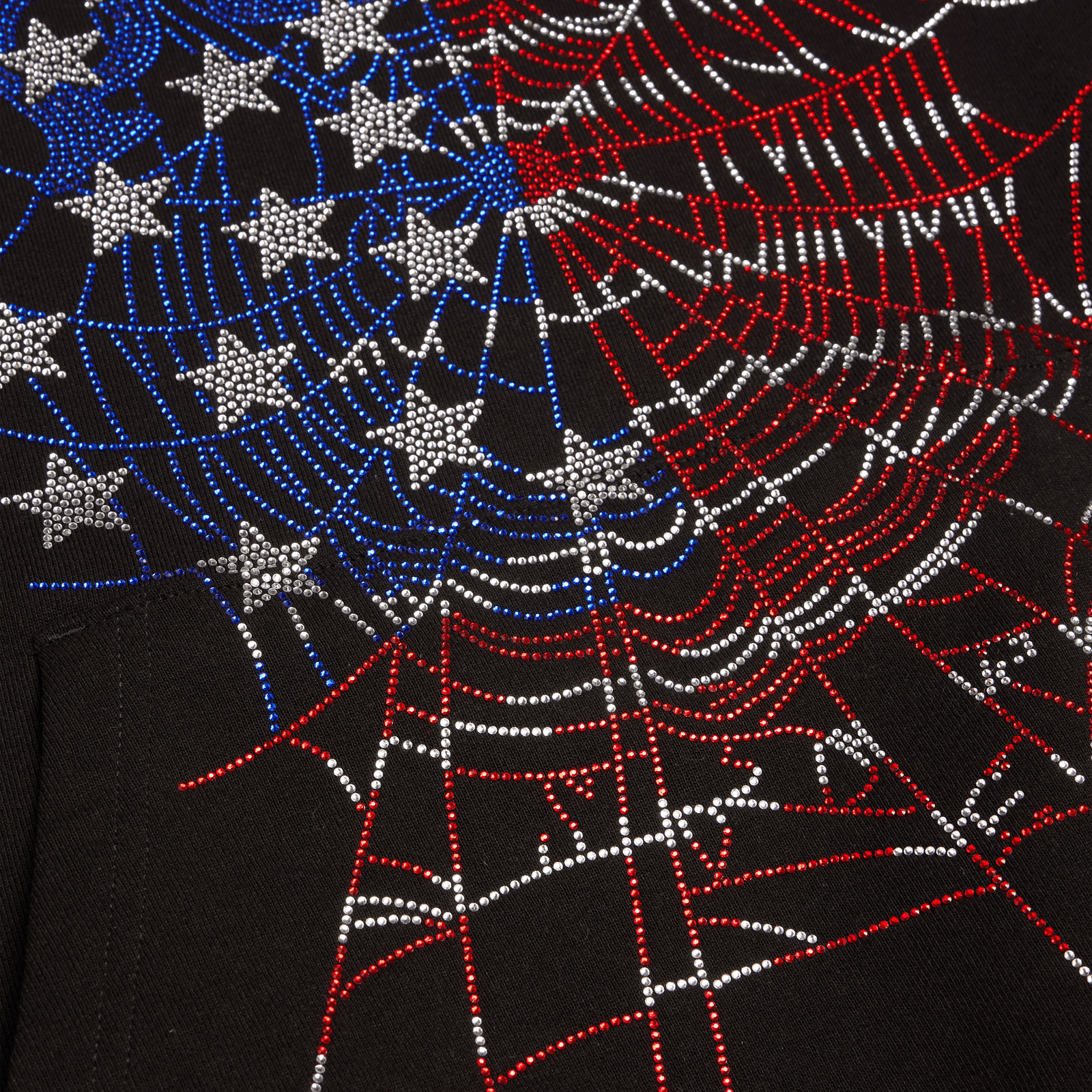 Black sleeveless hoodie with flag-inspired rhinestone OG web graphic, raw-cut armholes, and kangaroo pocket.