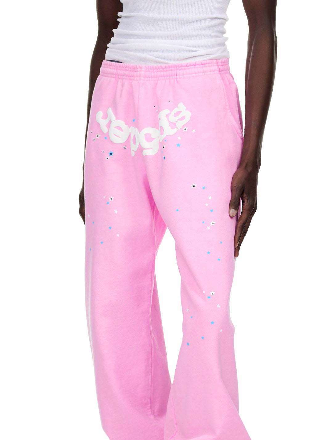 OG WEB PINK SWEATPANT, 23oz fleece, with white puff print "Sp5der" text and scattered stars.