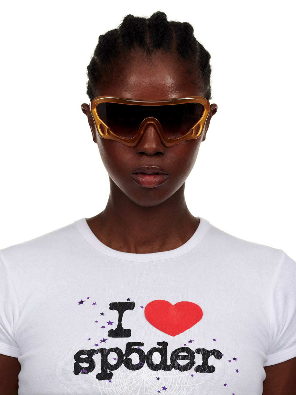 Model wearing SP5 x FLATLIST 'BEETLE' sunglasses with brown/berry gradient lenses and a white "I heart sp5der" t-shirt.