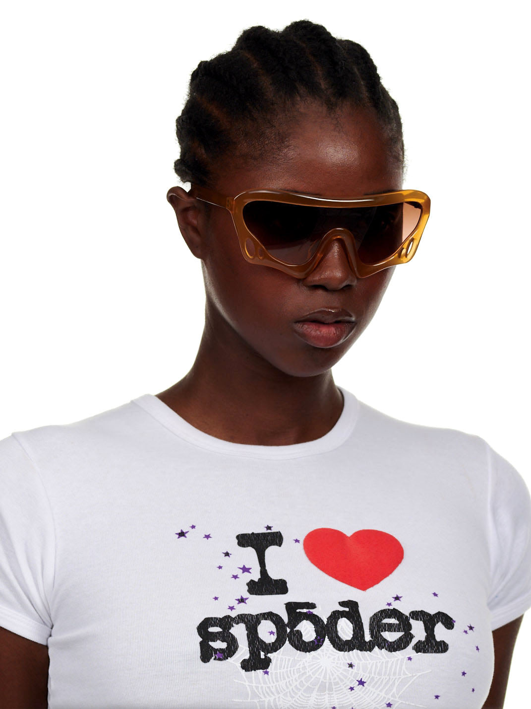 Model wearing SP5 x FLATLIST 'BEETLE' sunglasses with brown/berry gradient lenses and an acetate frame.