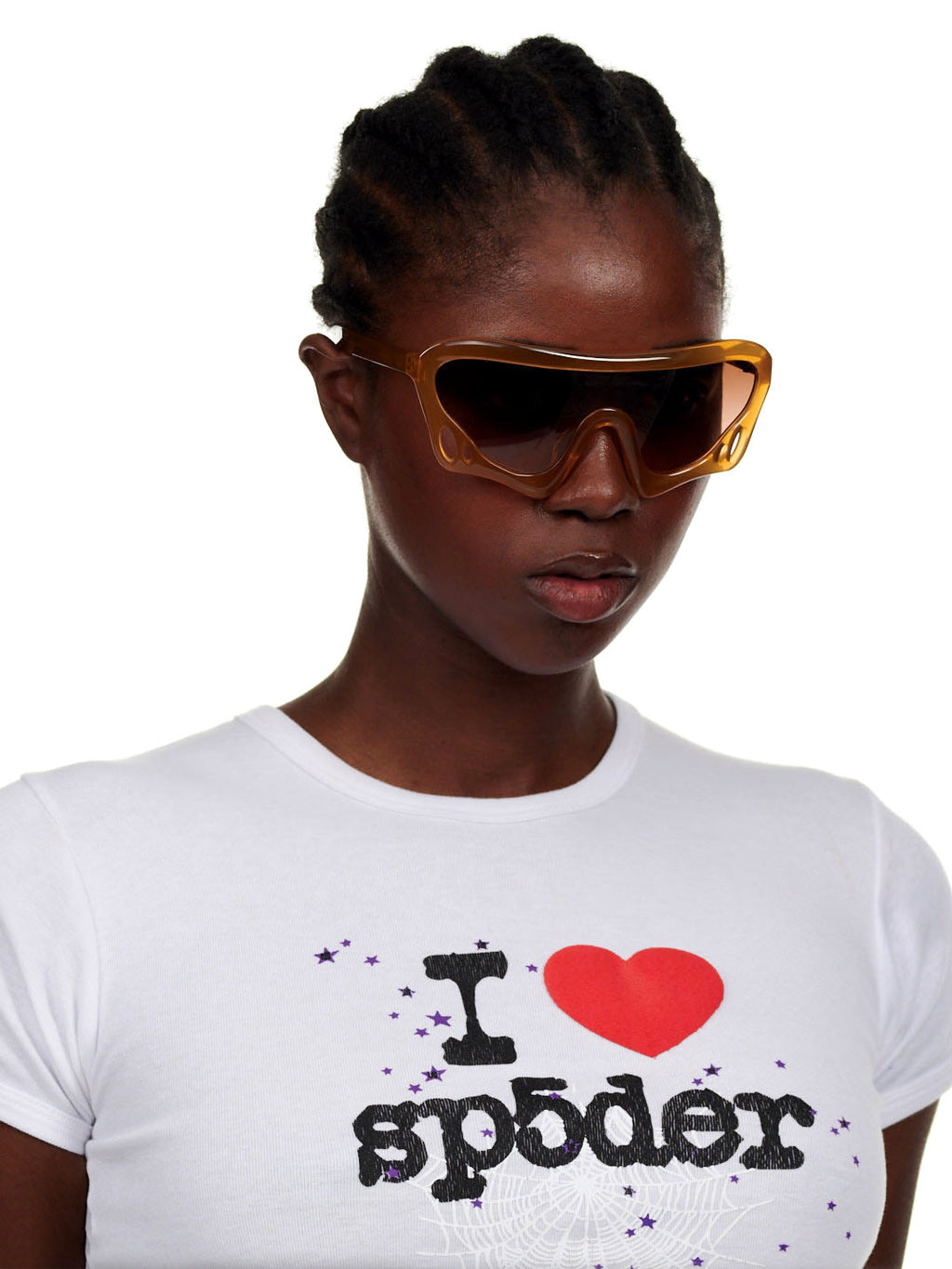 Model wearing SP5 x FLATLIST 'BEETLE' sunglasses with brown/berry gradient lenses and an acetate frame.
