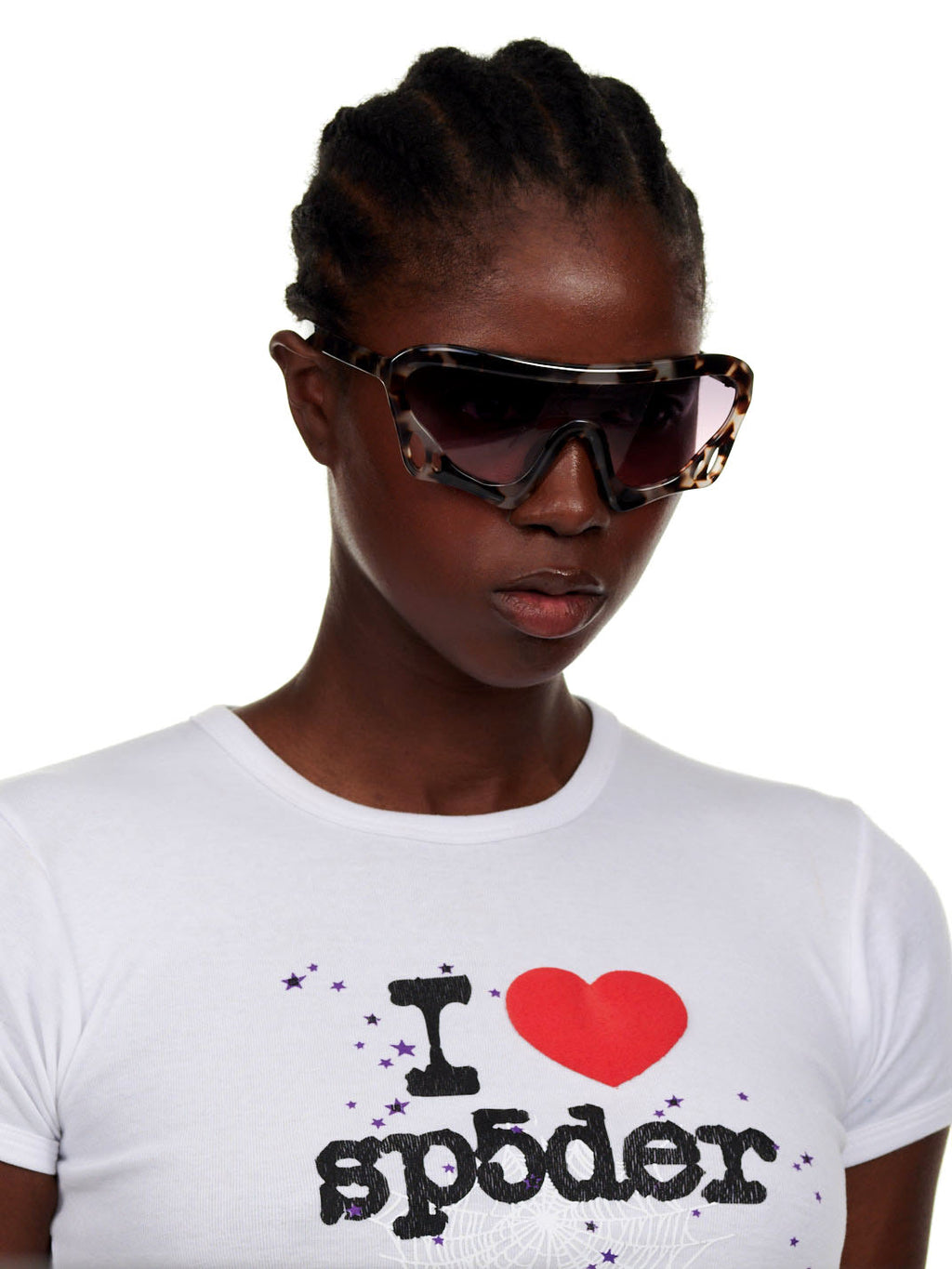 Woman wearing SP5 x FLATLIST 'BEETLE' sunglasses with tortoise Mazzucchelli acetate frames and tinted lenses.