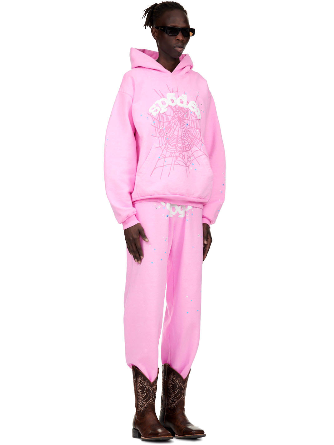 OG WEB PINK HOODIE and sweatpants set on a model, featuring puff print SP5DER text and web design.