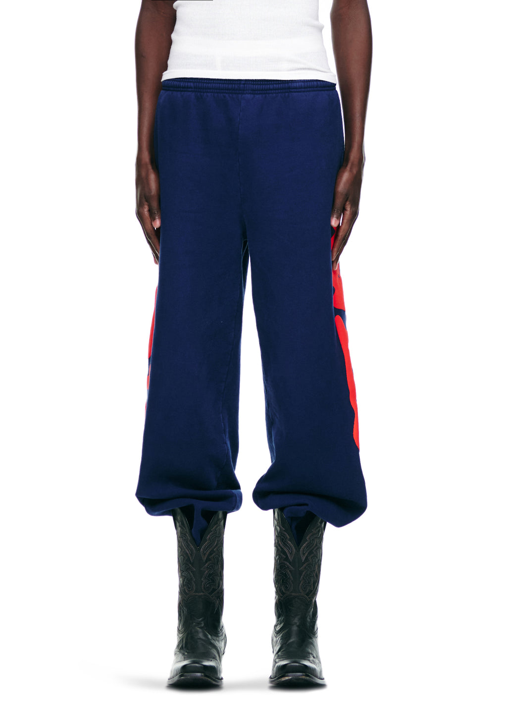 BELUGA SWEATPANT: Navy blue 23oz fleece sweatpants with red "Worldwide" puff/discharge print down both legs.