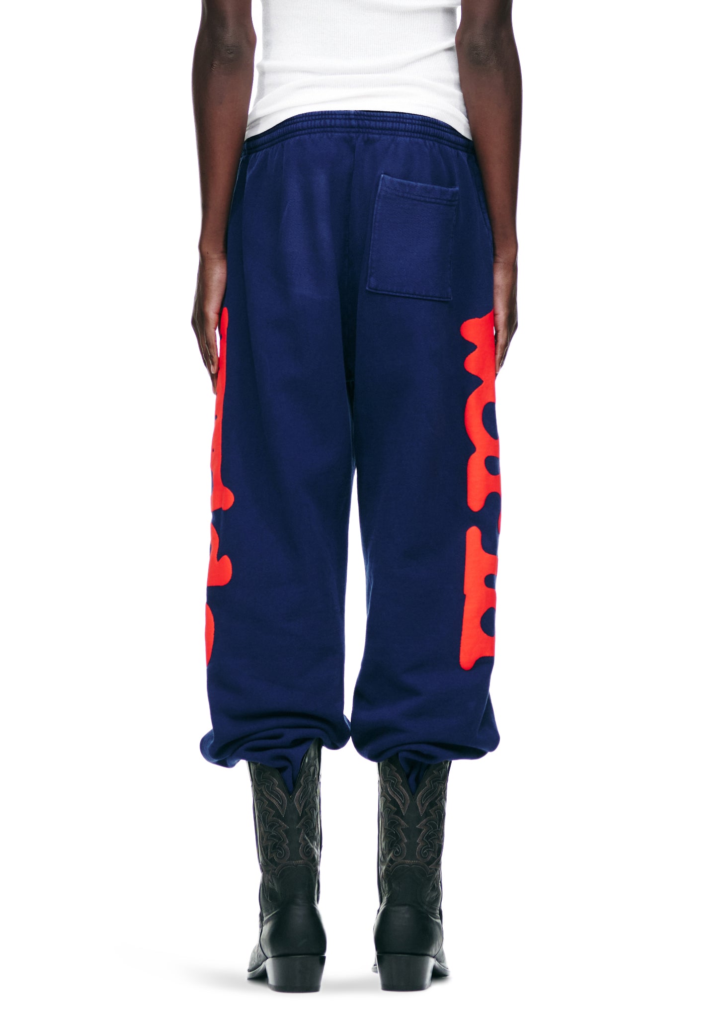 Navy BELUGA SWEATPANT with red "Worldwide" puff/discharge print down both legs, made from 23oz fleece.