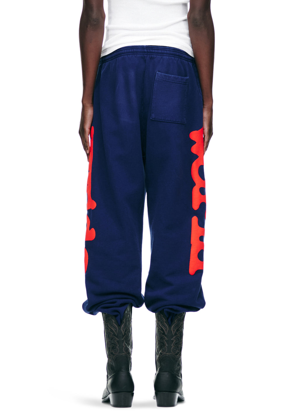 Navy BELUGA SWEATPANT with red "Worldwide" puff/discharge print down both legs, made from 23oz fleece.