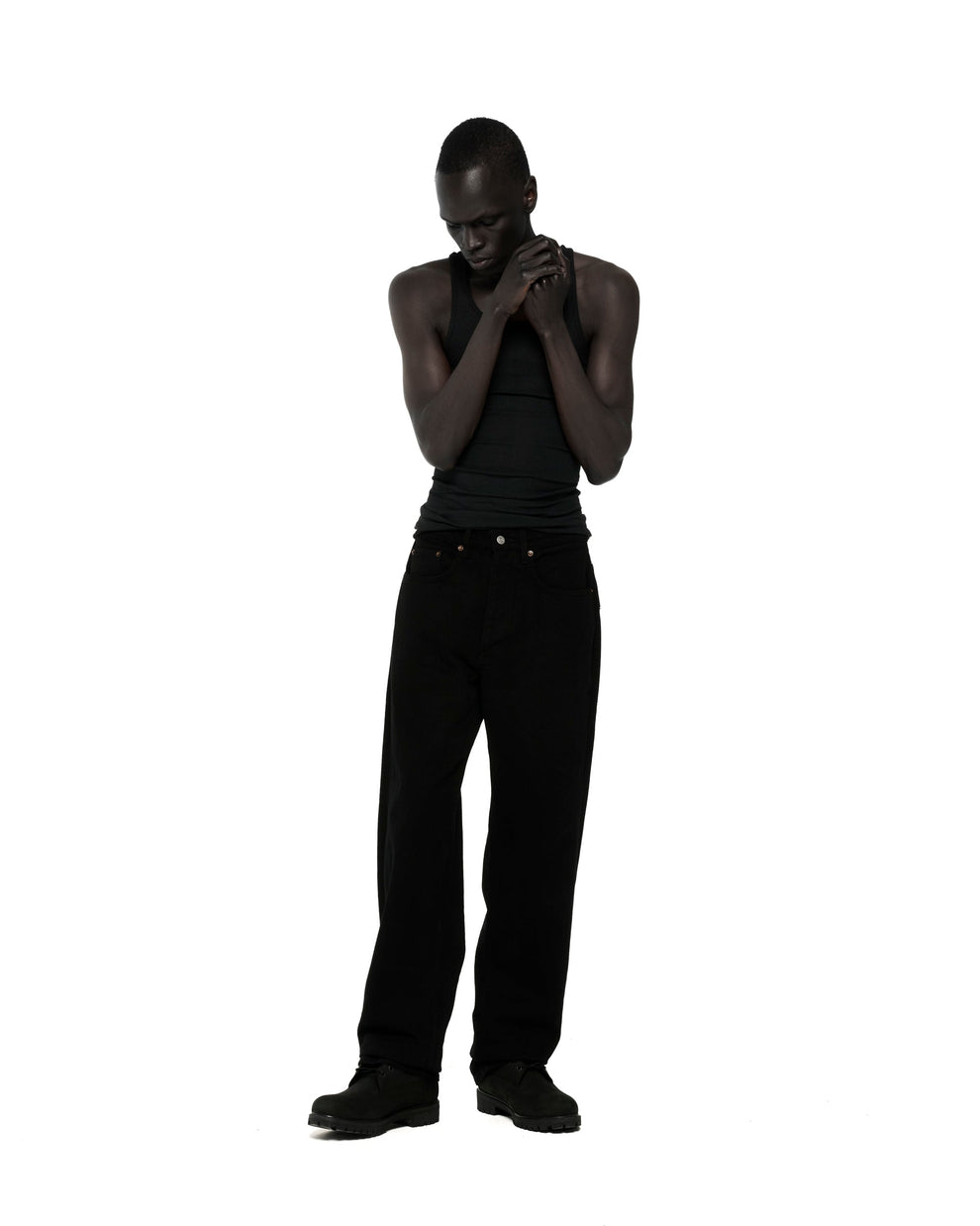 BLACK RIVET DENIM ON MODEL