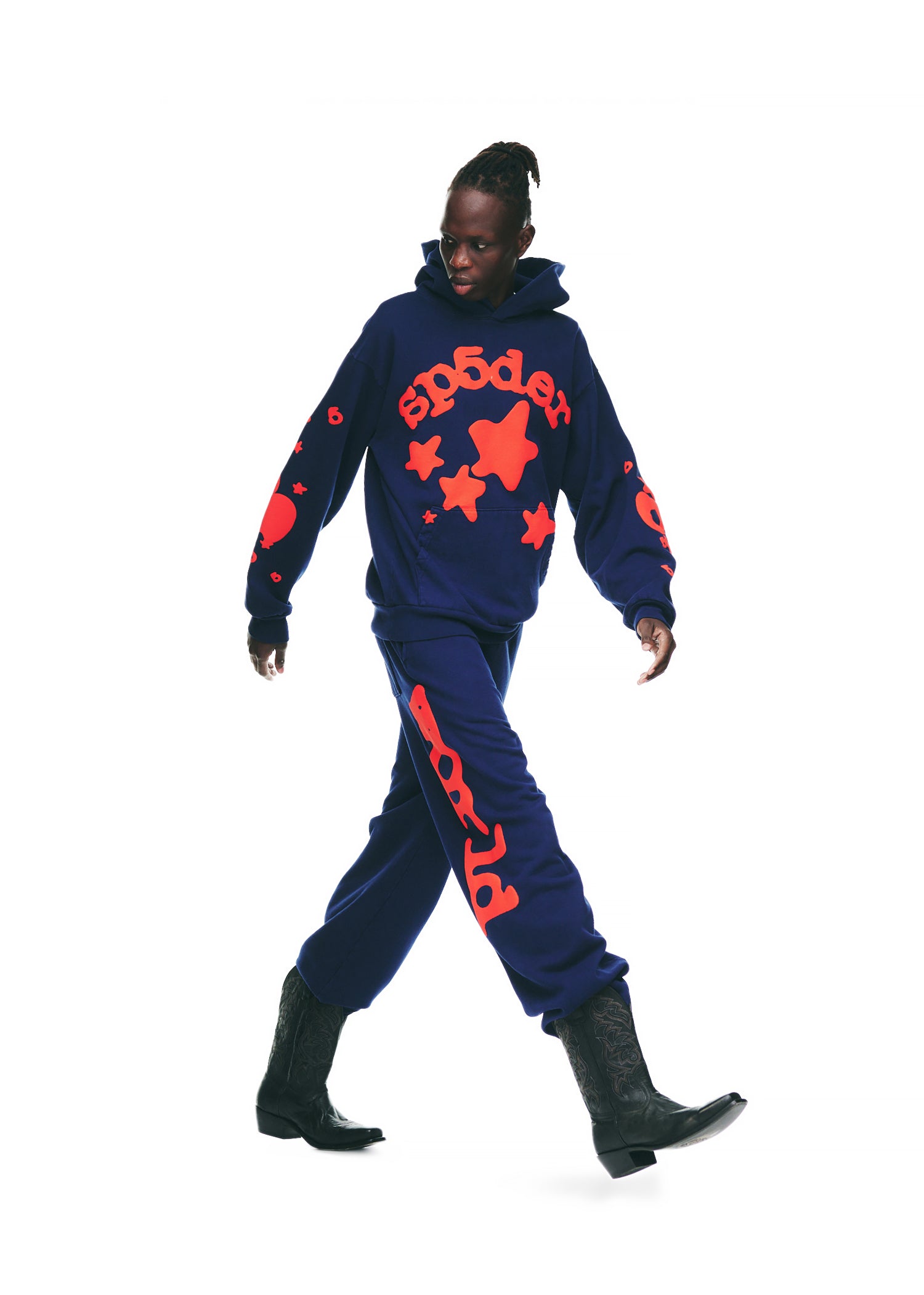 BELUGA SWEATPANT: Navy blue fleece sweatpants with "Worldwide" in orange puff/discharge print down both legs.