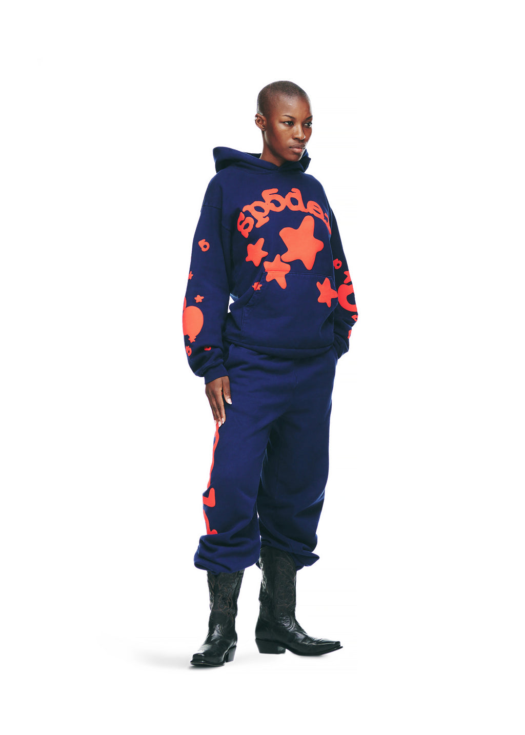 Navy BELUGA HOODIE and sweatpants with orange 'SP5DER' and star puff prints.