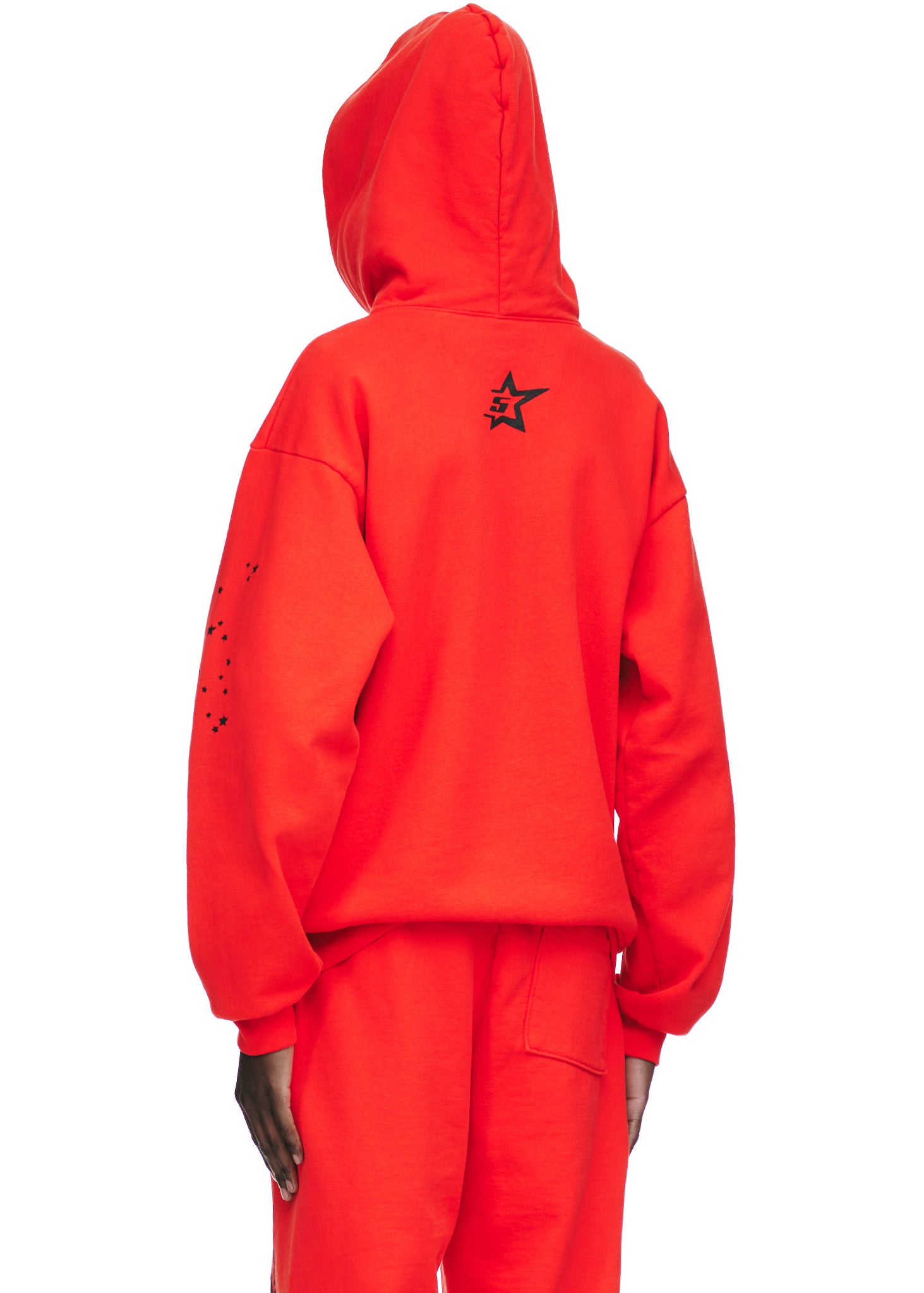 Red P*NK V2 hoodie, 23oz fleece, with black SP5DER star motif on back and stars on sleeve.