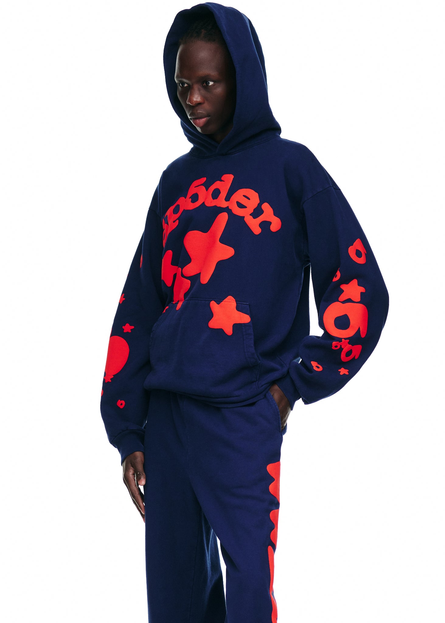Navy BELUGA HOODIE with red 'SP5DER' puff print and star designs on front and sleeves.