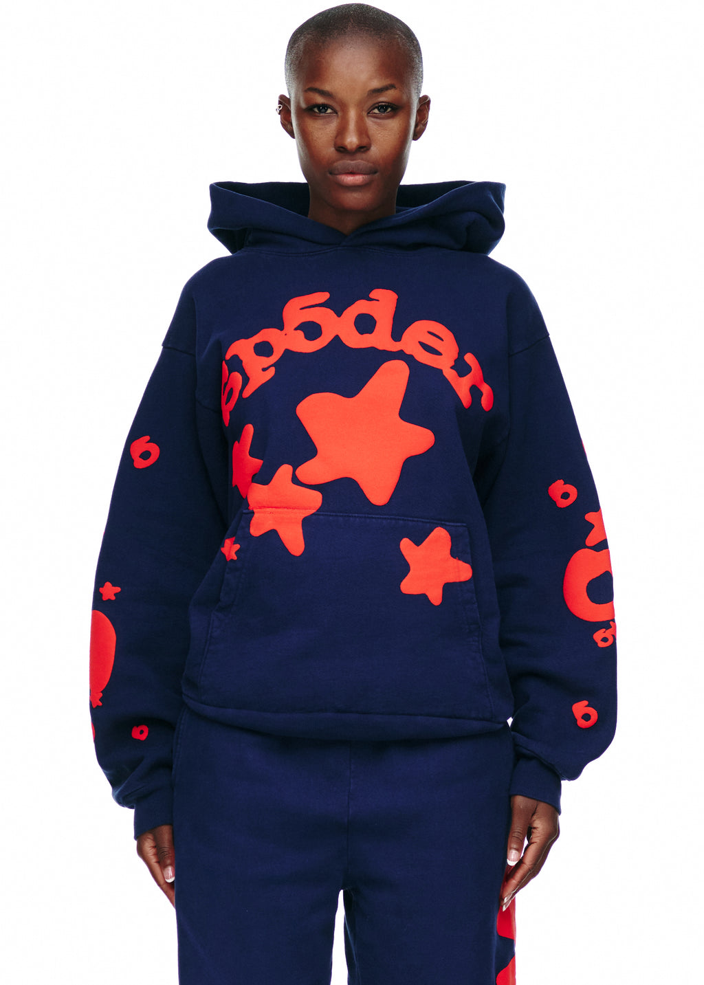 Navy BELUGA HOODIE with red 'SP5DER' puff print and star designs on front and sleeves.