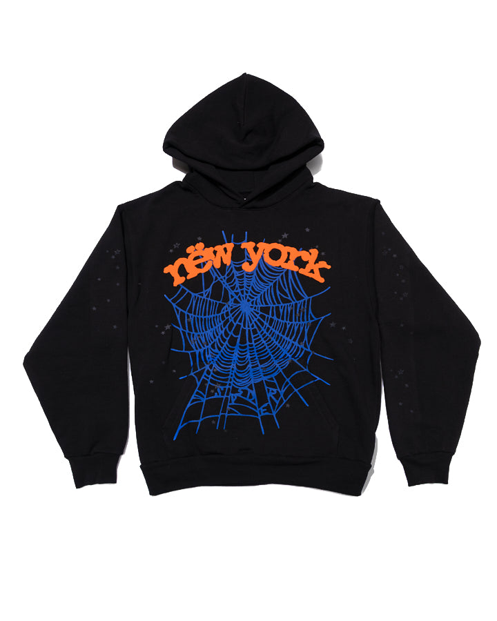 Black 13oz cotton fleece hoodie with "new york" text, blue spiderweb, and star prints.