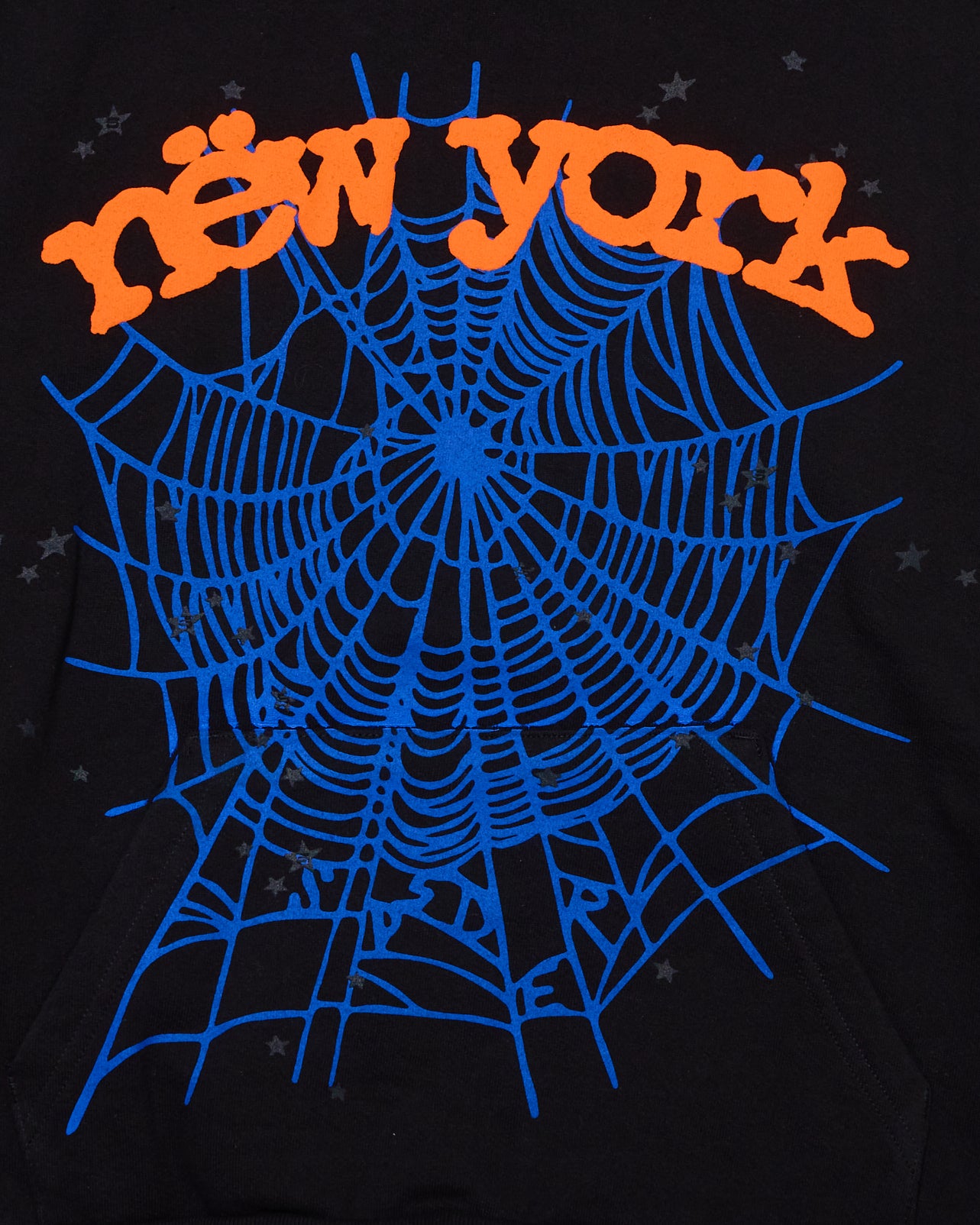 Black OG WEB V2 ALTERNATE HOODIE with orange "new york" text and blue spiderweb puff print.