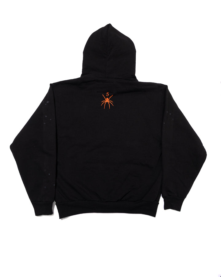 Black OG WEB V2 Alternate Hoodie, 13oz cotton fleece, with orange spider graphic on back and subtle star details on sleeves.