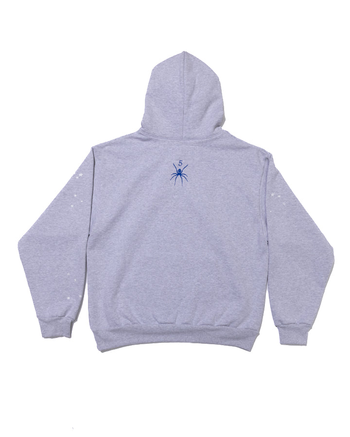 Grey 13oz cotton fleece OG WEB V2 HOME HOODIE with blue spider graphic and "5" on back, stars on sleeves.
