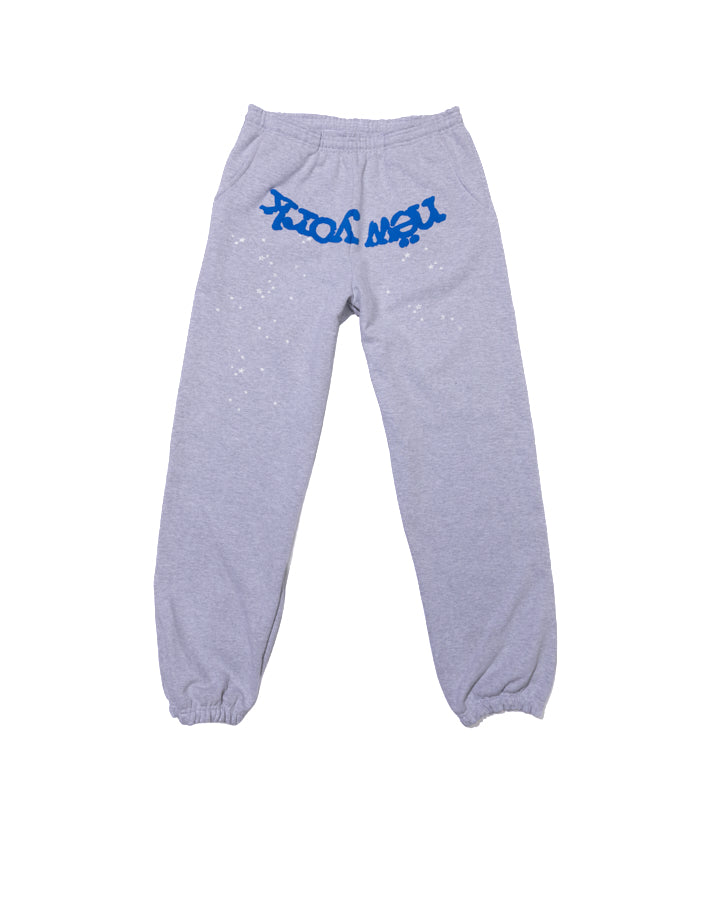 Grey 13oz cotton fleece sweatpants with blue "NEW YORK" puff print and discharge print.