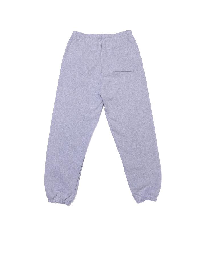 Gray 13oz cotton fleece sweatpants with elasticized waistband and cuffs, and a single back pocket.
