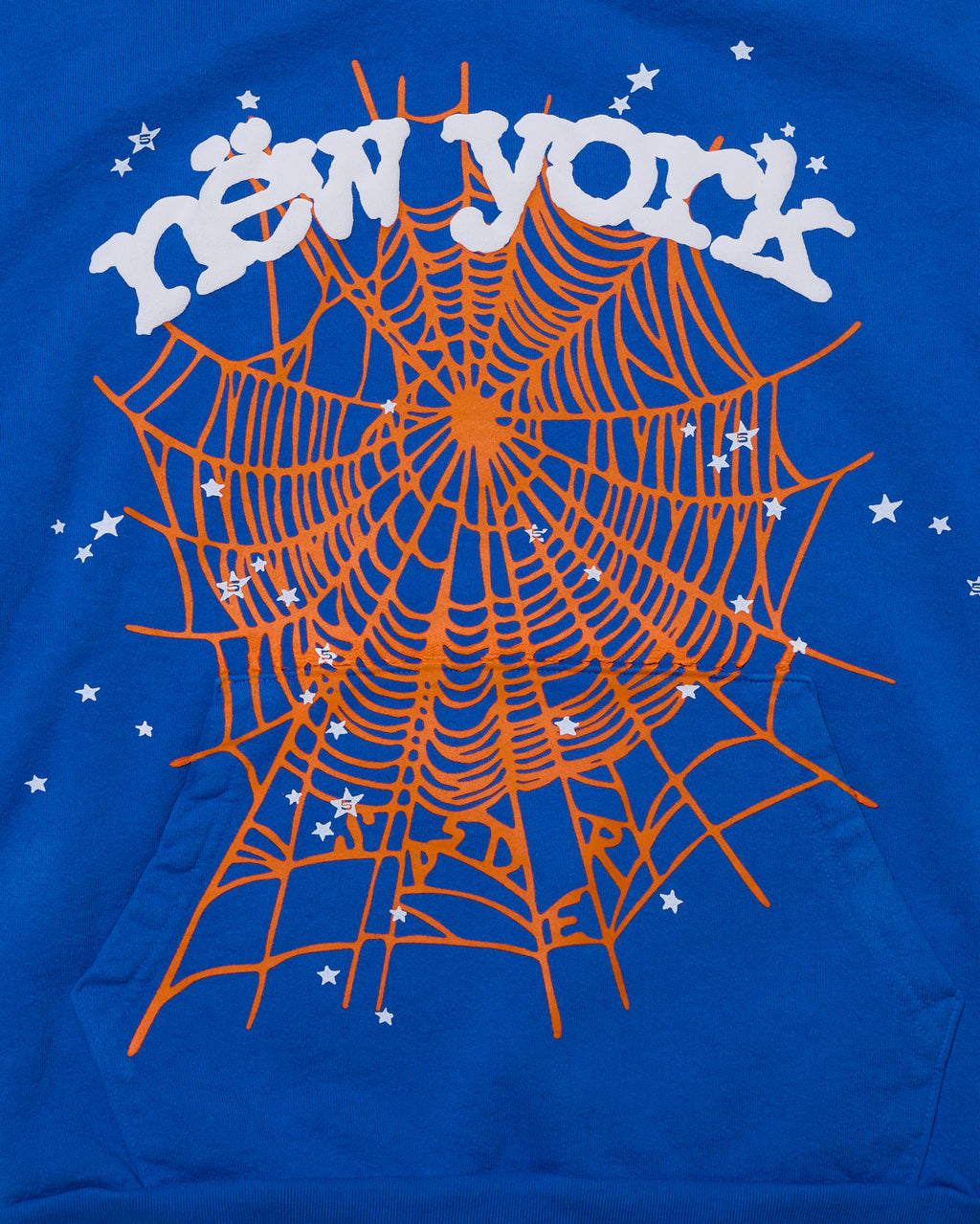 Blue cotton fleece hoodie with orange spider web, white "New York" text, and scattered stars.
