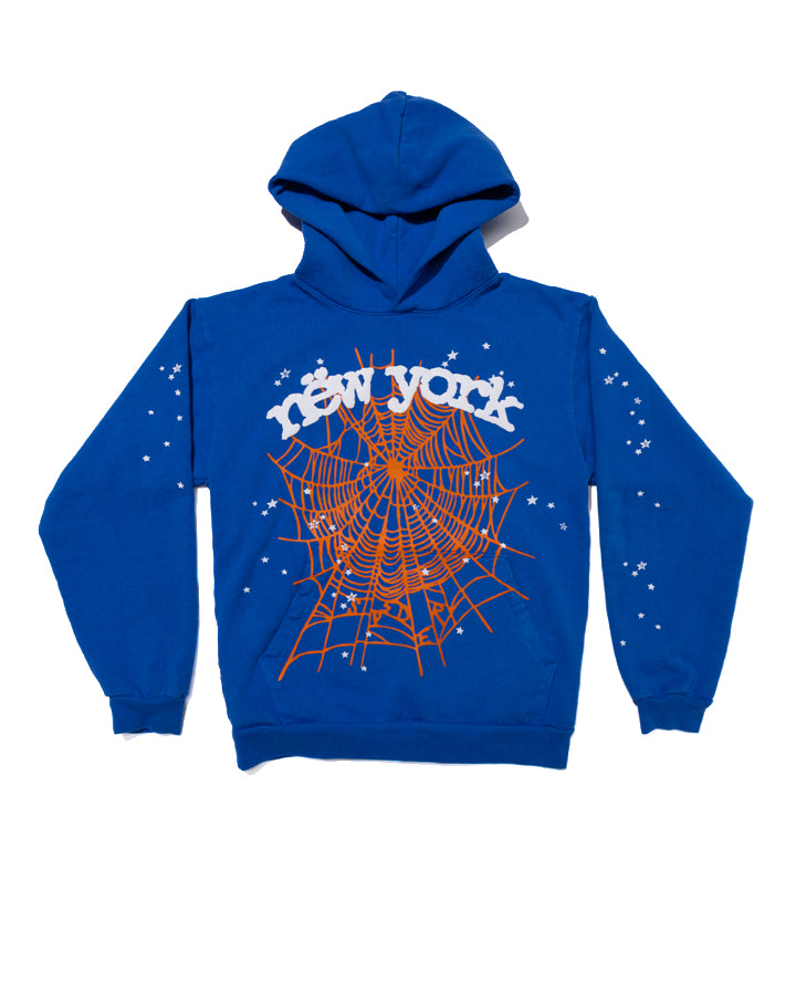 Blue OG WEB V2 AWAY HOODIE with orange spiderweb, "new york" text, and scattered star print.
